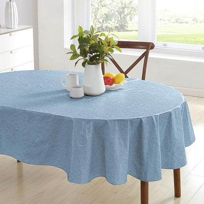 Newbridge Napa Leaf Blue Vinyl Flannel Backed Tablecloth, 60 x 102 Inch Oval, Hotel Quality Waterproof Indoor Outdoor Table Cover for Kitchen, Patio, Dining, BBQ