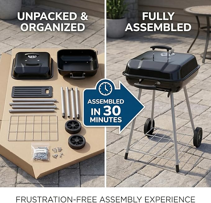 17.5-Inch Square Charcoal Grill with Wheels, 302 Sq In Cooking Surface Outdoor Barbecue BBQ, Porcelain-Coated Steel Freestanding Kettle Grill for Patio, Deck, and Backyard Gatherings, Black