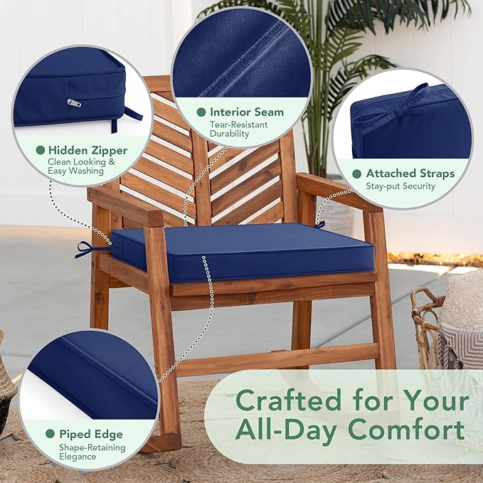 Summsun Outdoor Chair Cushions Set of 4: Waterproof & Color Fastness Seat Cushion for Patio Furniture - 22 x 22 x 3 Inch Chair Pads with Ties and Hidden Zipper - Patio Chair Cushion Replacement, Navy