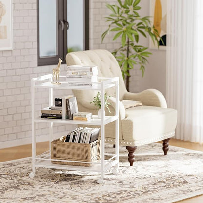HITNET White Bar Cart, Home Bar Serving Cart, Kitchen Trolley on Wheels with Storage, 3 Tier Rolling Beverage Cart for Living Room Kitchen Home Office