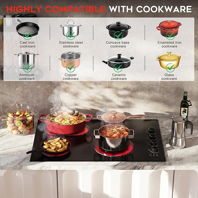 Electric Cooktop 30 Inch Hobsir, 4 Burner Electric Stove Top 6700W, Dual-Ring Burner & Oval Burner, 9 Power Level, 30 Inch Cook top with Safety Lock, Timer, Black Knob
