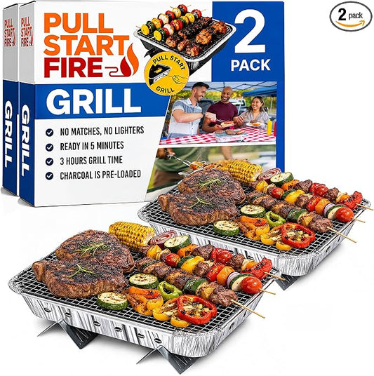 Pull Start Fire Grill, Natural Hardwood Charcoal, Portable 3hr Burn, 2 Pack | Pull Start Matchless Ignition, Ready in 5 Mins, Clean Burn, No Lighter Fluid, Disposable, Tailgate, Camping, Beach, Backyard
