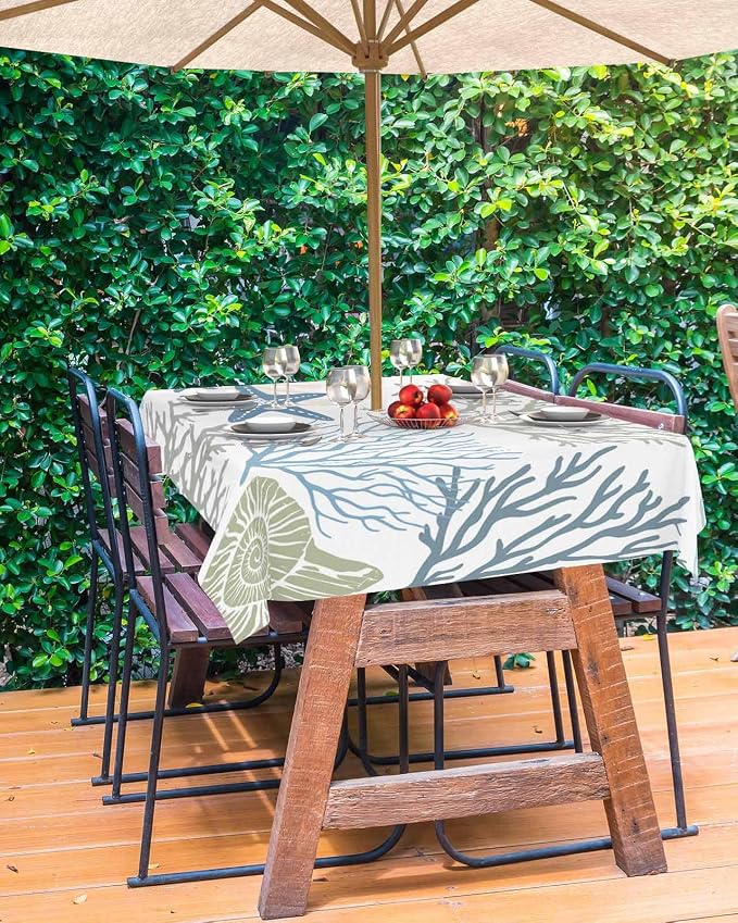 Coastal Outdoor Tablecloth - 60x102 Inch Rectangle Dining Table Cover, Blue Teal Coral Summer Beach Ocean Starfish Waterproof Outdoor Table Cloth with Umbrella Hole & Zipper for Picnic/Patio/Party