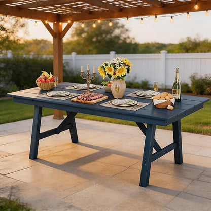 Outdoor Dining Table 6 Person, Rectangle HDPE Patio Table with 2.1" Umbrella Hole, Triangular Legs, Weatherproof Heavy Duty Backyard Furniture for Garden, Deck, Poolside, Easy Assembly (Navy Blue)