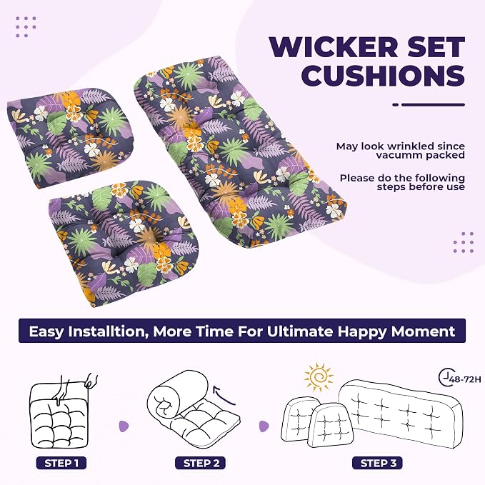 DANGHOOGY Wicker Chair Cushions, Waterproof Outdoor Loveseat Cushions for Patio Furniture, Tufted Wicker Furniture Cushions, 1 Loveseat and 2 U-Shaped Cushions (Purple Flower)