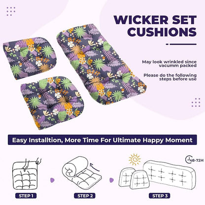 DANGHOOGY Wicker Chair Cushions, Waterproof Outdoor Loveseat Cushions for Patio Furniture, Tufted Wicker Furniture Cushions, 1 Loveseat and 2 U-Shaped Cushions (Purple Flower)