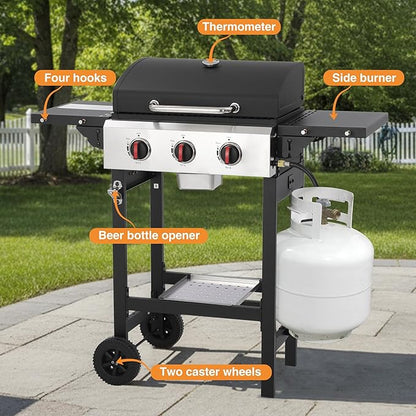 Propane Gas Grill with Folding Side Tables, 3-Burner Gas Grill with Cast Iron Grates and Stainless Steel Griddle Pan, Outdoor BBQ Grill Portable with Wheels 30,000 BTU Output