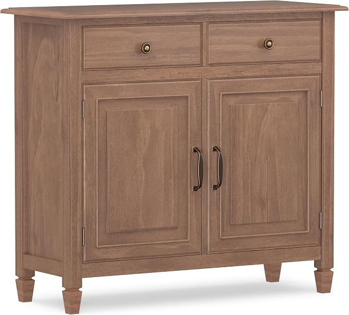 SIMPLIHOME Connaught 40" Solid Wood Cabinet in Medium Saddle Brown | Traditional slim entryway and living room organizer for hats, gloves, shoes and keys with space-saving storage design.