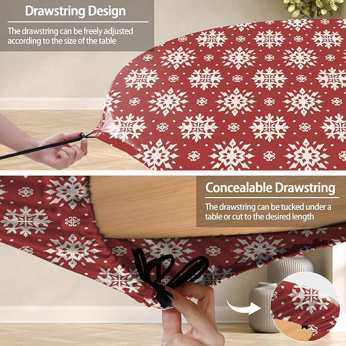 opstellen Fitted Christmas Round Tablecloth Waterproof Table Cloth Vinyl Indoor Outdoor Circle Cover for 36-44" Table Dining Living Room Kitchen Western Home Party Decor Gift Festival Family Essential