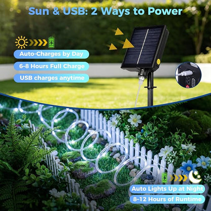 Connectable Solar Rope Lights Outdoor, 66FT 200 LEDs Solar String Lights, IP65 Waterproof 19 Modes Remote Tube Light for Outdoor Indoor Patio Backyards Garden Porch Pool Tree Decor, Cool White