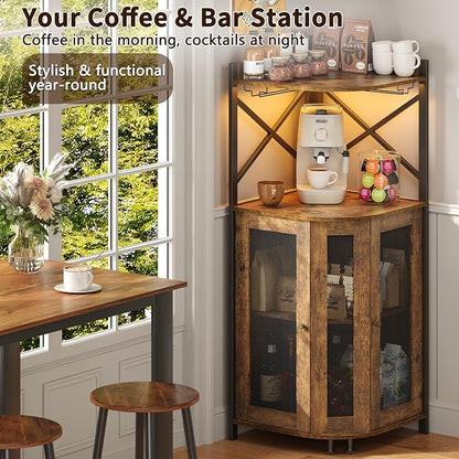 JKsmart Corner Bar Cabinet with LED Lights,Industrial Wine Cabinet with Glass Holder,4-Tier Wine Cabinet with Door and Shelf,Farmhouse Home Bar for Liquor Wine Coffee Storage,Rustic Brown