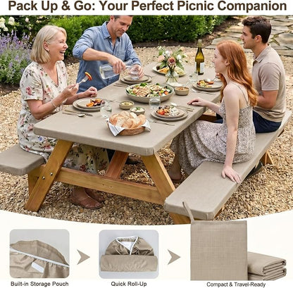Picnic Table Cover with Bench Covers Windproof Waterproof Picnic Table Covers Camping Tablecloth with Self-Storage Bag, 72in, Light Brown