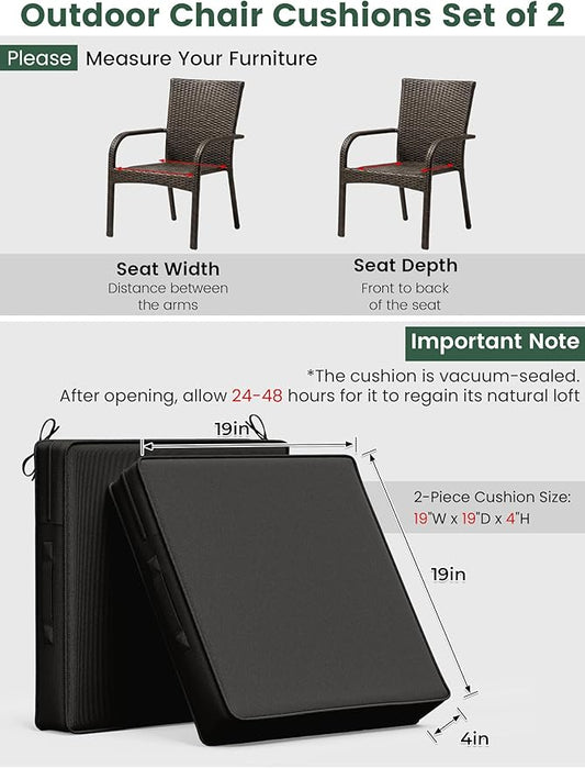 Outdoor Chair Cushion 19 x 19 x 4 Inches Patio Furniture Outdoor Waterproof Seat Cushion, Patio Chair Cushion with Handles and Ties, Square Dining Chair Cushion Set of 4, Black