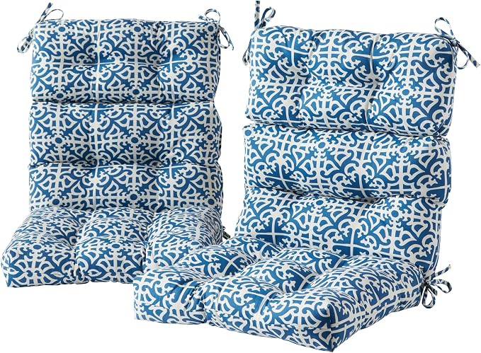 Outdoor Tufted High-Back Chair Cushions, One-Piece Hinged Seat and Back Design, Reversible with 4 Ties, Durable Polyester Fabric, Recycled Fiber Fill - Set of 2, Indigo Lattice