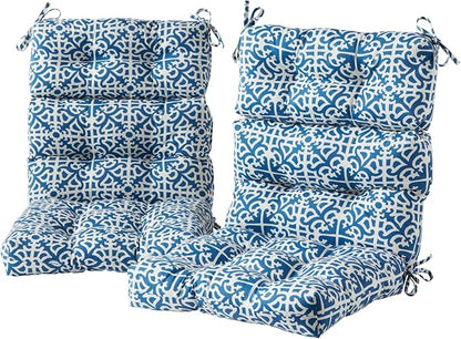 Outdoor Tufted High-Back Chair Cushions, One-Piece Hinged Seat and Back Design, Reversible with 4 Ties, Durable Polyester Fabric, Recycled Fiber Fill - Set of 2, Indigo Lattice