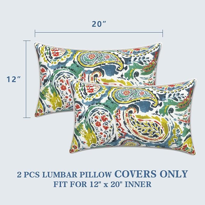 LVTXIII 2 Pack Outdoor Lumbar Pillow Covers 12x20 Inch with Piping, Water-Repellent Back Cushion Covers ONLY for Patio Furniture, Sofa, Garden Bench, Paradise Paisley