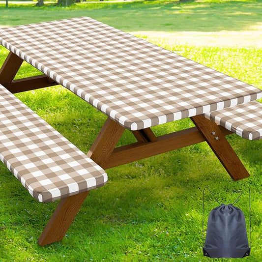 Smiry Picnic Table Cover with Bench Covers, Waterproof Elastic Fitted Tablecloths for 5 Foot Rectangle Tables, Washable Buffalo Plaid Tablecloth for Camping, Outdoor (Khaki & White, 30"x60")