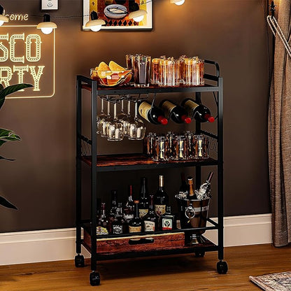 Home Bar Serving Cart, Serving Cart with Wheels and Handle, 3 Tier Rolling Kitchen Cart, Microwave Cart, Beverage Cart with Wine Holder and Glass Holders, for Dinning Room, Living Room, Black