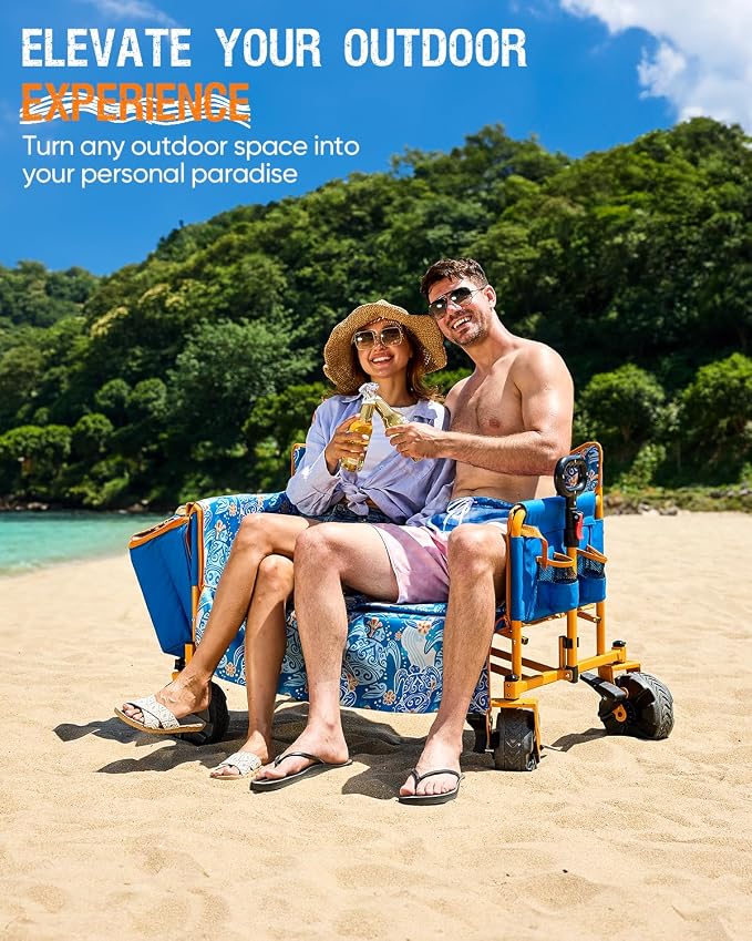 500lbs Love-Seat Wagon 3-in-1 Bench Wagon Seat for 2 Adults | Heavy Duty Utility Cart, 31L Detachable Cooler Bag, Adjustable Handle &Cup Holders,Perfect for The Beach, Sport, Camping