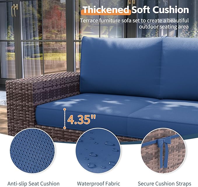 UDPATIO Patio Furniture Set, 8 Inch Armrest Outdoor Sectional Sofa with Wicker Coffee Table, 6 Piece Conversation for Garden, Backyard, Navy Blue