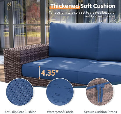 UDPATIO Patio Furniture Set, 8 Inch Armrest Outdoor Sectional Sofa with Wicker Coffee Table, 6 Piece Conversation for Garden, Backyard, Navy Blue