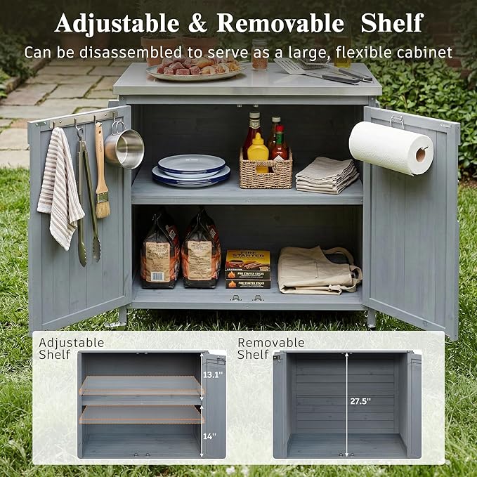 42.1-Inch Mobile Prep Station with Stainless Steel Countertop, Outdoor Grill Cart cart with Adjustable Shelf, Storage Cabinet and Side Shelf for Backyard BBQ & Pizza