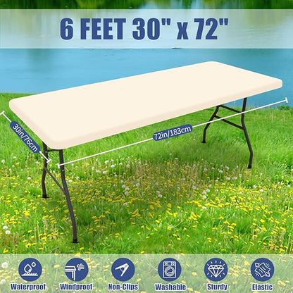 Moosfor Spandex 6 Foot Rectangle Table Cloth, Elastic Fitted Tablecloths for Picnic, Stretch Washable Patio Table Cover for Outdoor, Camping, Banquet and Parties (Champagne, 30"x72")