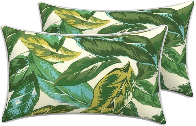 LVTXIII 2 Pack Outdoor Lumbar Pillow Covers 12x20 Inch with Piping, Water-Repellent Back Cushion Covers ONLY for Patio Furniture, Sofa, Garden Bench, Lush Leaf Jungle