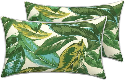 LVTXIII 2 Pack Outdoor Lumbar Pillow Covers 12x20 Inch with Piping, Water-Repellent Back Cushion Covers ONLY for Patio Furniture, Sofa, Garden Bench, Lush Leaf Jungle