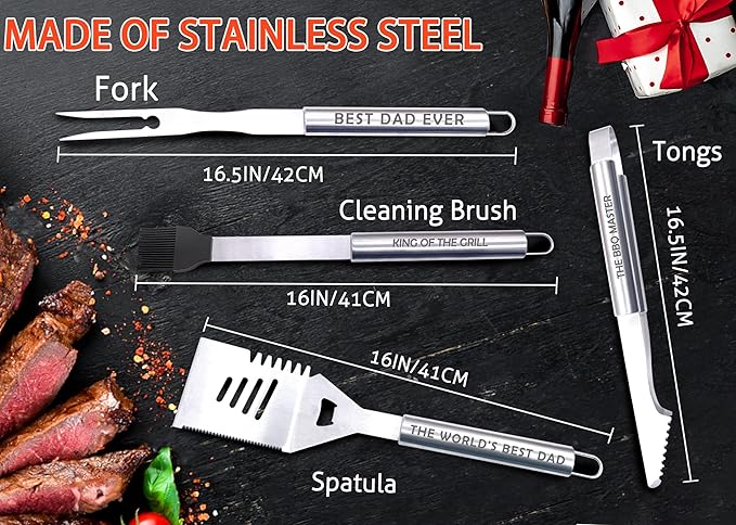 Bonsai Tree Fathers Day Dad Gifts from Daughter, Gifts for Dad, Best Dads Ever Gift for Birthday - Cool Grilling BBQ Present for Father from Son - Daddy Stainless Steel Metal Tool Heavy Duty Set 4