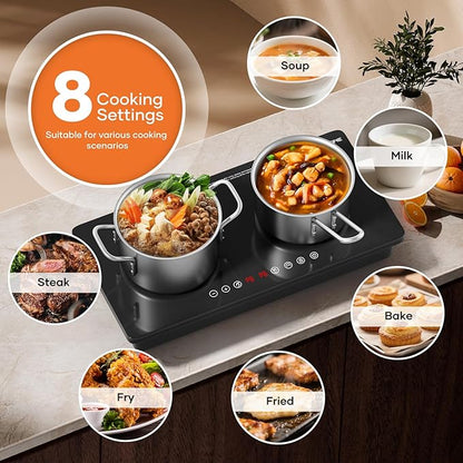 1800W Double Induction Burner, Minimal Cross-Pattern Panel, 2×900W Cooking Zones, Touch Control, 8 Power Levels, 1–99 min Timer, Durable Ceramic Glass for Magnetic Pots