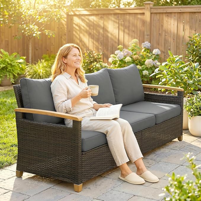 Outsunny 3 Seater Outdoor Couch Sofa, PE Wicker Patio Couch with Wide Deep Seating, 4" Foam Cushions, Wood-Effect Armrests and Legs, Patio Sofa Furniture for Garden, Backyard, Porch, Gray