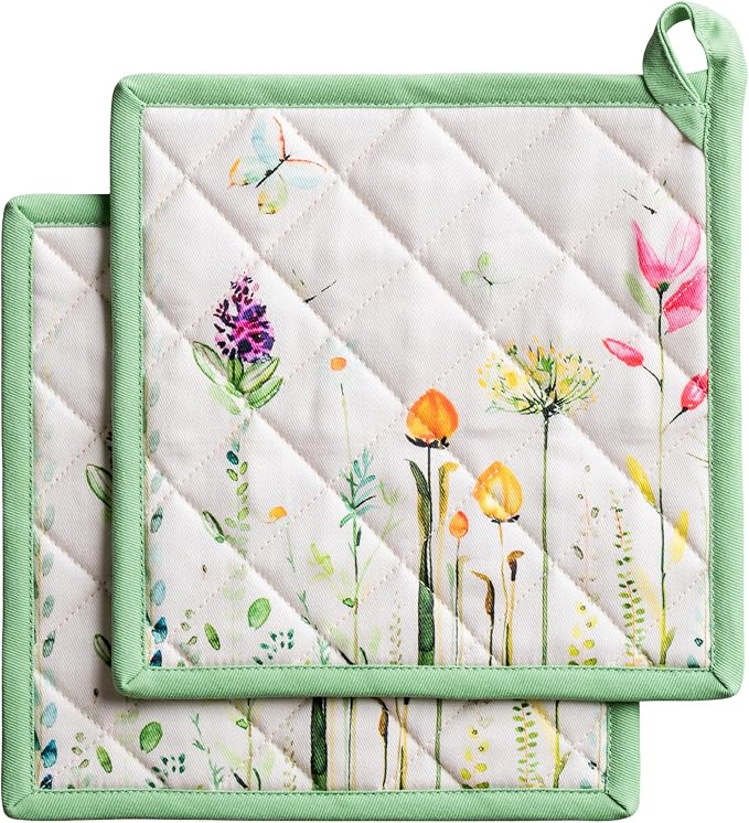 Maison d' Hermine Pot Holders 100% Cotton Potholders (8" x 8", Pack of 2) | Heat Resistant Hot Pads with Loop BBQ Cooking Baking Farmhouse Kitchen Handling Hot Pans Spring Summer - Botanical Fresh