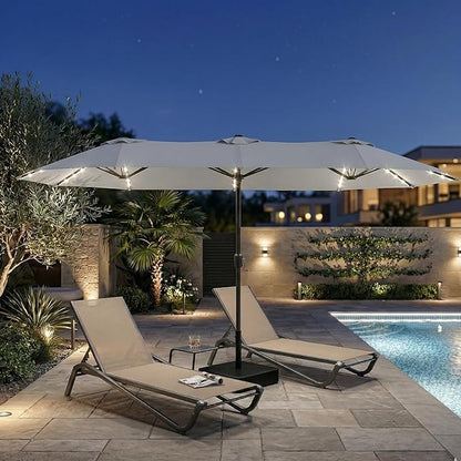 15FT Large Outdoor Patio Umbrella with Solar Lights and Base, Double-Sided Table Umbrellas with 48 LED Lights, Rectangle Market Umbrella for Pool, Deck, Backyard