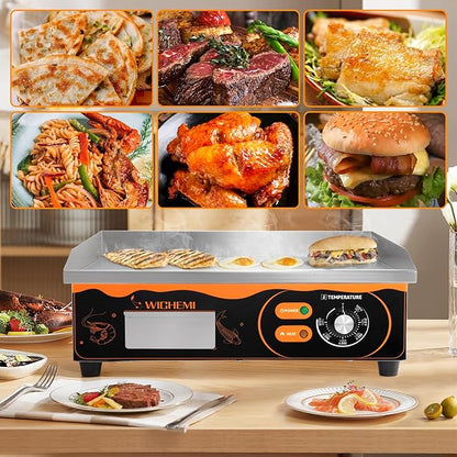 WICHEMI Electric Grill Commercial Griddle Flat Top Grill Teppanyaki Grill | 22" Stainless Steel Electric Griddle, 110V 3000W High Power, Large Cooking Surface, Non-Stick, Collect Grease For Cleanup