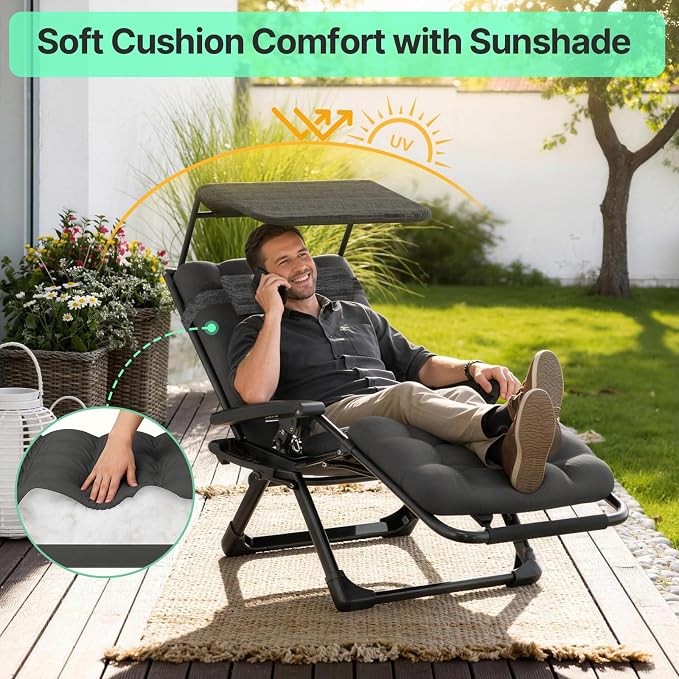 Suteck Zero Gravity Chair with Canopy, Reclining Camping Lounge Chairs | with Removable Cushion, Upgraded Lock and Cup Holder, Folding Patio Recliner for Indoor and Outdoor，90°-170° Adjust