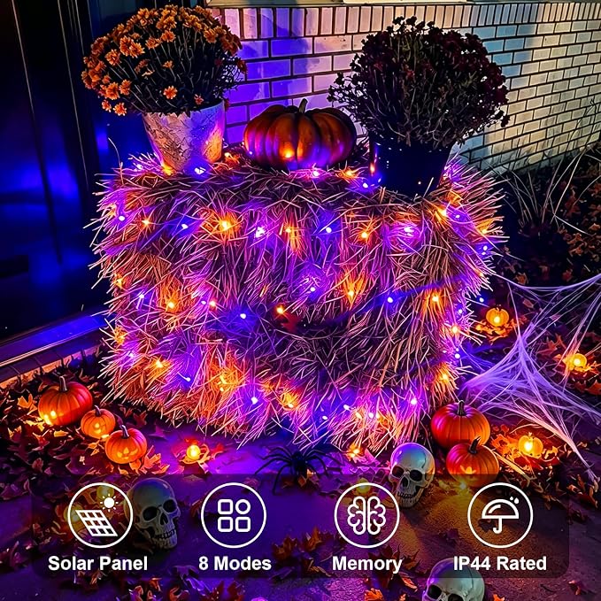 QITONG Solar Halloween Lights Outdoor Waterproof, 2 Pack Each 66ft 200 LED Orange and Purple Fairy Lights with 8 Modes, Silver Wire Christmas Mini String Lights