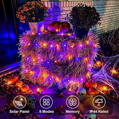 QITONG Solar Halloween Lights Outdoor Waterproof, 2 Pack Each 66ft 200 LED Orange and Purple Fairy Lights with 8 Modes, Silver Wire Christmas Mini String Lights