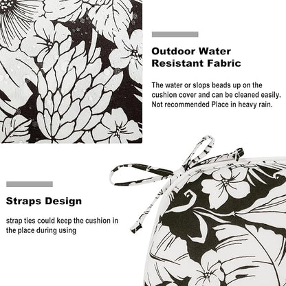 DYTXIII Set of 2 Outdoor Chair Cushions with Ties, Water Repellent Patio Chair Pads 17"x 16" for Outdoor Furniture, Round Corner Seat Cushions for Garden Yard Kitchen Tropical Blossom Noir