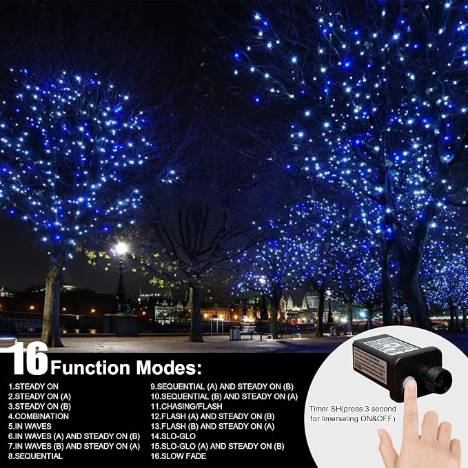 66FT 200 LED Blue White String Lights, 16 Modes Plug In Mini Fairy Lights, Waterproof Outdoor Christmas Lights for Hanukkah Xmas Tree Garland Bedroom Ocean Party July 4th Patriotic Decoration