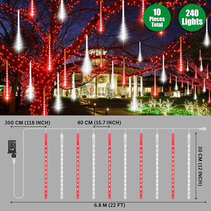 LAMPHOME Red White Lights for Valentines Day Decor, Christmas Outdoor 12-inch LED Meteor Shower Icicle Lights, 10 Tubes 240 LED Shower Rain Waterproof Plug for Wedding Xmas Tree Yard House Decor
