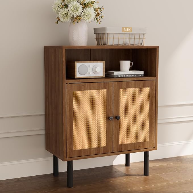 Rattan Storage Cabinet, Boho Accent Cabinet with Double Doors | Small Freestanding Sideboard for Hallway, Laundry Room,Kitchen, Dining Room, Entryway (Walnut)