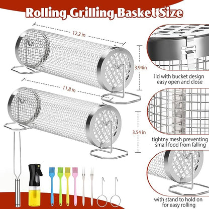 Grill Baskets for Outdoor Grill- 2 PCS, Rolling Grilling Basket, Stainless Steel BBQ Grill Mesh Grilling Accessories for Fish, Shrimp, Meat, Veggies, Fries, Grilling Gift for Men Dad Husband