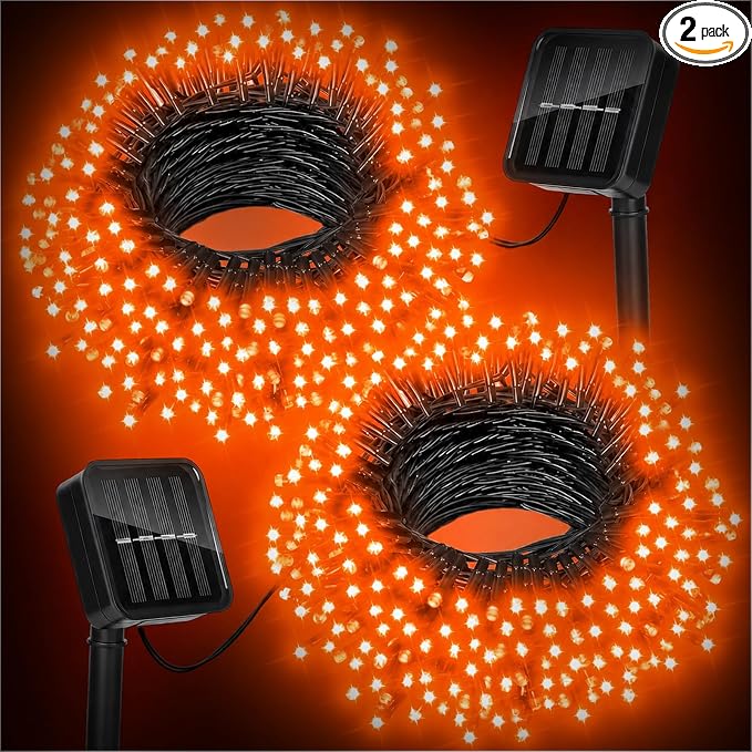 Orange Lights for Halloween Outdoor Solar String Lights Waterproof for Halloween Decorations, Total 100LED 45FT for Garden Yard Pathway Fence, 8 Modes 50LED x 2 Packs