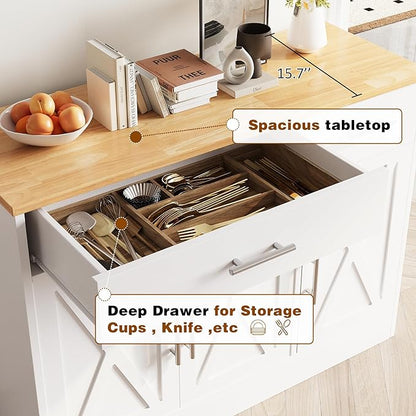 Vongrasig Coffee Bar Cabinet, Farmhouse Sideboard Buffet Cabinet with Storage, Coffee Bar with Drawers and Shelves, Wood Buffet Table for Kitchen, Dining Room, White