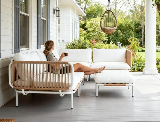 Crestlive Products Outdoor Patio Furniture Set, 6 Seater Modular Oversized Patio Conversation Set with Cushions, Modern Metal Sectional Outdoor Couch for Backyard, Deck, Porch, or Poolside, Beige