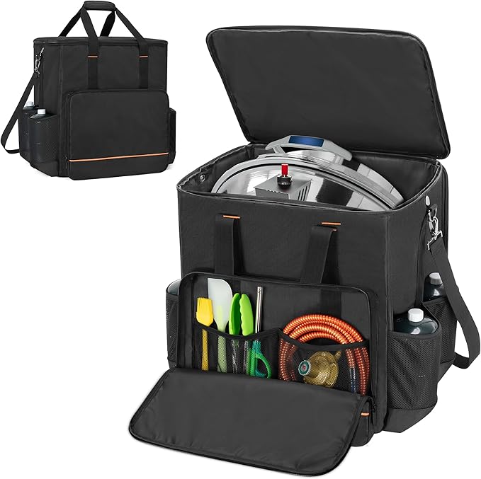 GRAOSO Boat Grill Storage Bag Compatible with Magma Marine Kettles, Grill Cover Carrying Case with 4 Side Pockets for 1lb Propane Cylinders, Padded Handle and Shoulder Strap, Tools Pockets, Black