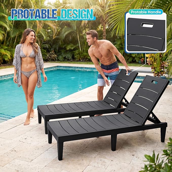 Greesum Outdoor Chaise Lounge Chair Set of 4, Waterproof 5-Position Adjustable PP Sun Loungers for Patio, Poolside, and Beach Sunbathing, Black