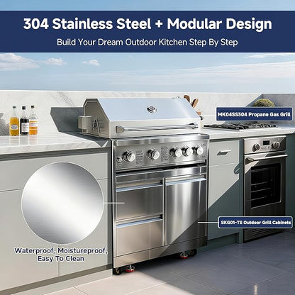 BODEGA Stainless Steel Outdoor Kitchen Cabinets, Modular 30'' Propane Gas Grill Storage with Weatherproof 2 Drawers & Gas Tank Compartment, Kitchen BBQ Drawer Cabinet for Outdoor Kitchen BBQ Island.