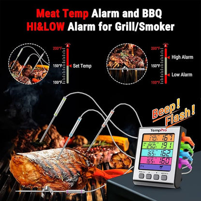 TempPro TP17H Digital Meat Thermometer with 4 Temperature Probes, HI/Low Alarm Smoker Food Thermometer with Colored Backlit LCD, BBQ Thermometer for Cooking Grill Kitchen Oven (Previously ThermoPro)